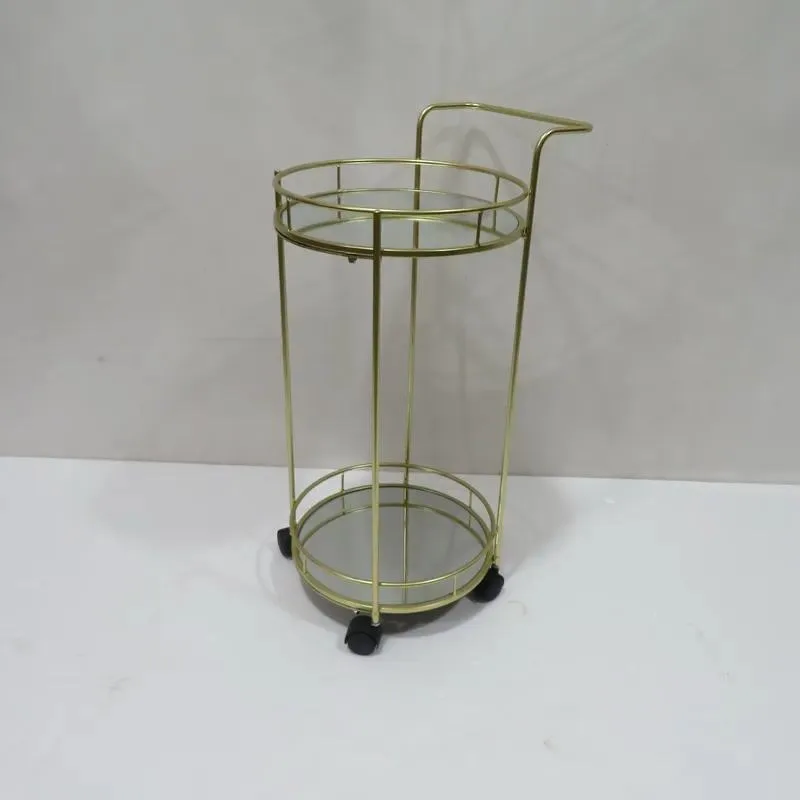 Modern 2 Tier Bar Cart Storage Tray Metal Round Gold with Mirror for Kitchen Living Room Food Service
