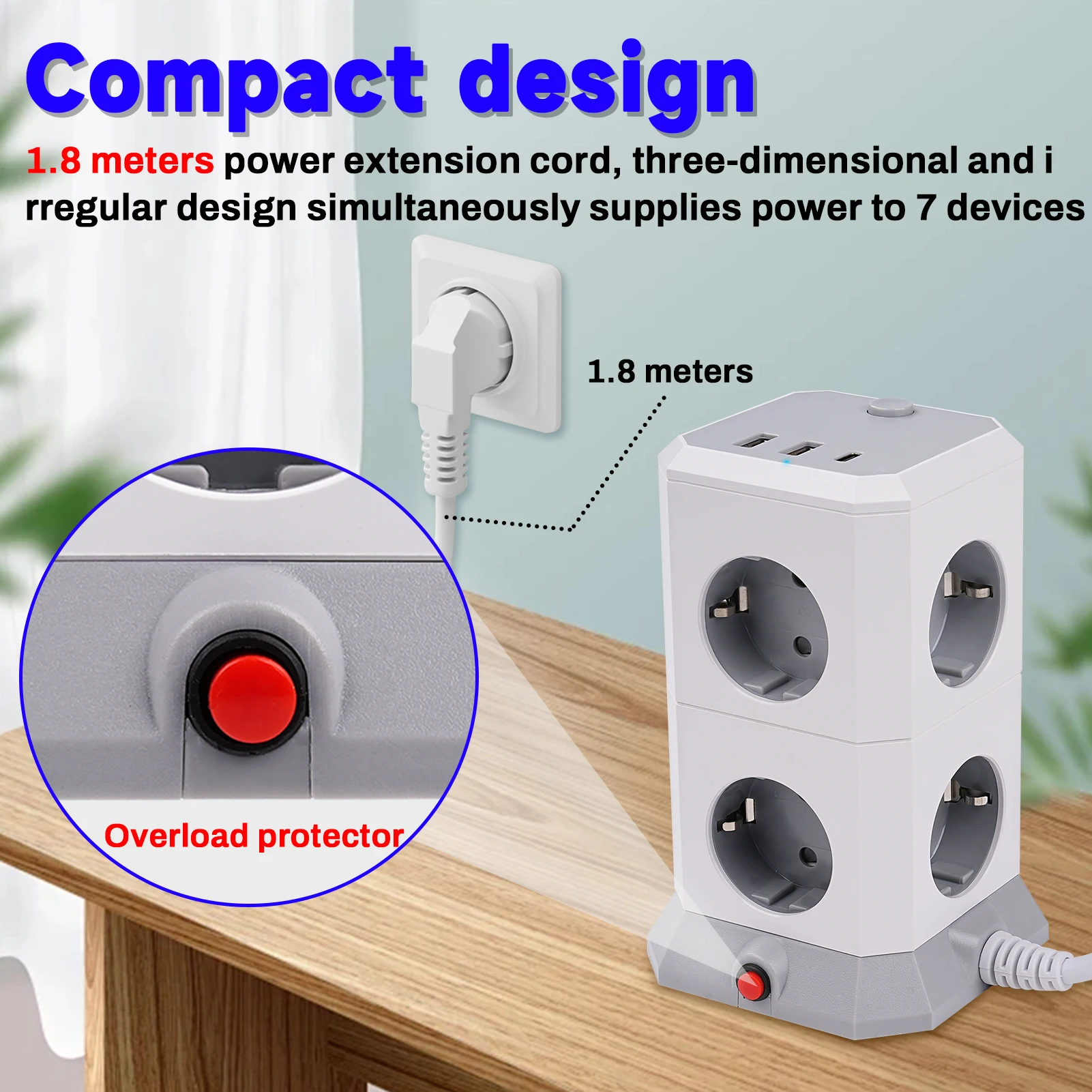

11 in 1 Multiple Socket EU Power Strip with 8 AC Outlets 2 USB-A 1 USB-C 1.8m Extension Cable 11 in 1 Multiple Socket Multiple