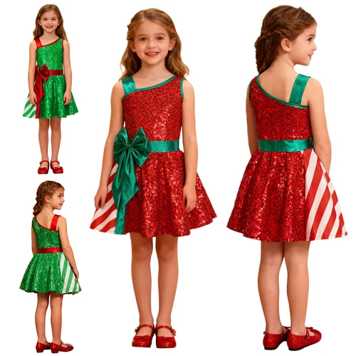 Imagen 2 del producto Niños niñas lentejuelas Navidad sin mangas raya arco Navidad Año nuevo Cosplay tutú vestido danza actuación Ropa de baile