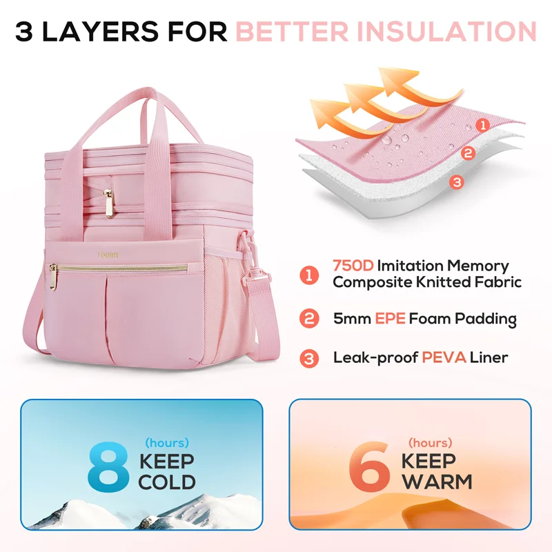 Lunch Bag for Women Men Double Deck Insulated Lunch Box Expandable Leakproof Reusable Lunch Cooler Bag for Work, Office, Picnic