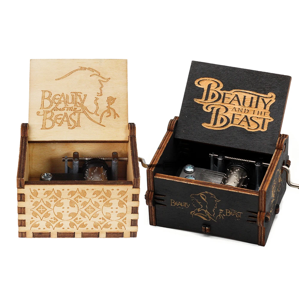 صندوق تشغيل الموسيقى الخشبي المجمد الجمال والوحش اليد مكرنك ديكور المنزل منحوتة صندوق موسيقي عيد الحب عيد ميلاد Gif #3