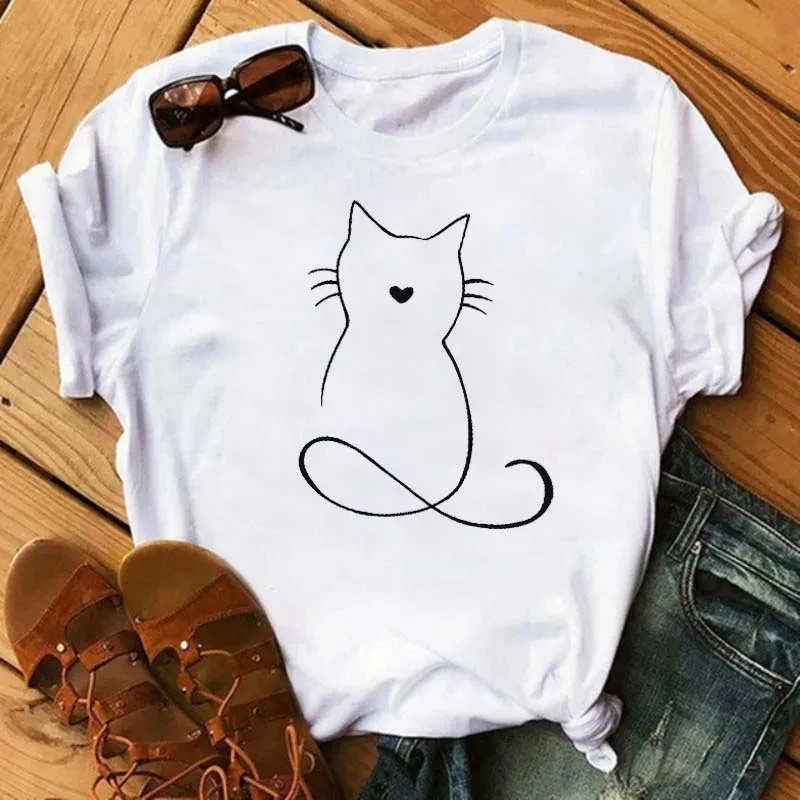 Kawaii Cats Series Print Summer Cute Women Tshirt Funny Cartoon Female Ullzang 90s Fashion Korean Style Top High Quality Cotton