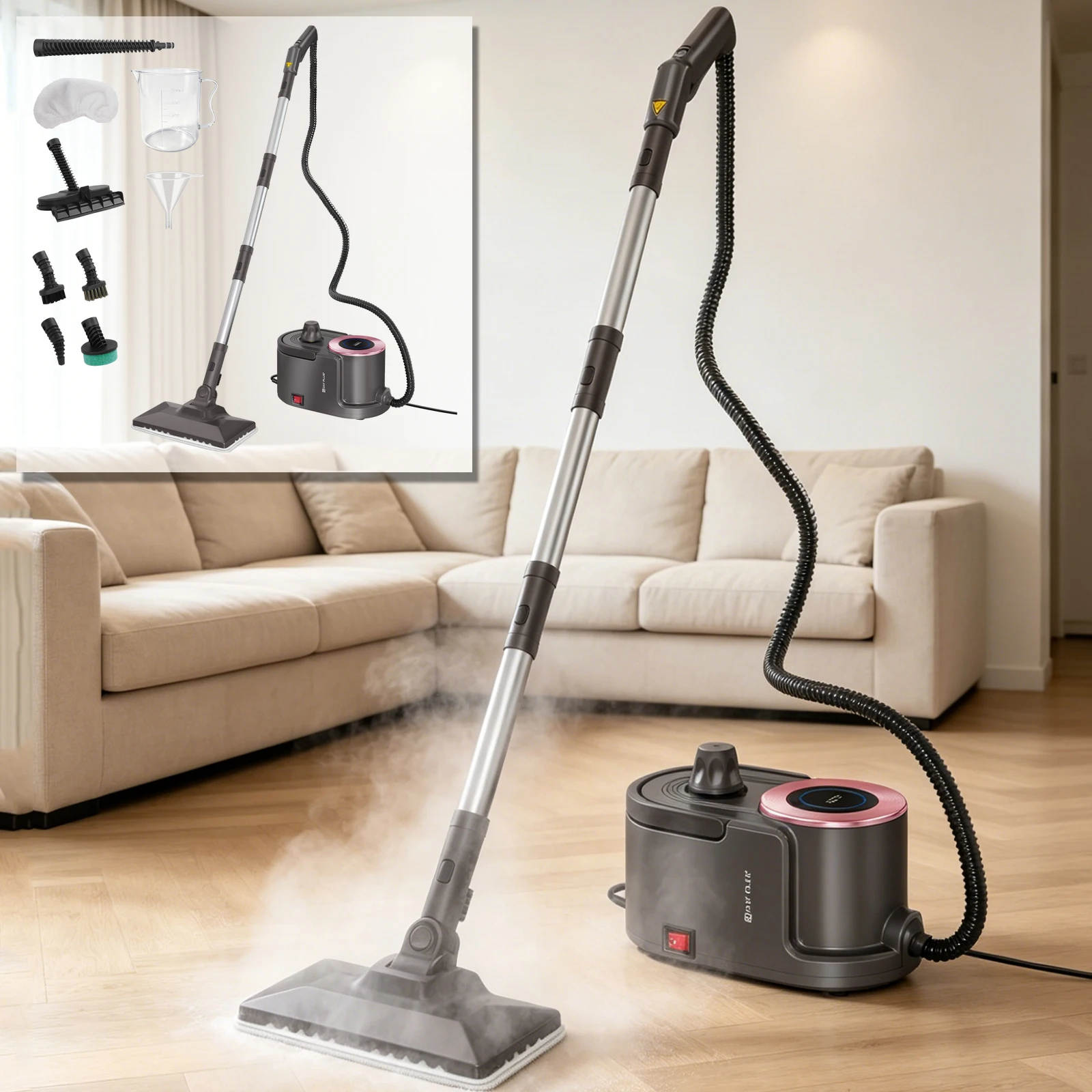 Odkurzacz parowy wysokociśnieniowy 2000W, parownica ręczna 5 bar i mop parowy z zbiornikiem 1,9L, kompletny zestaw z 6 kombinacjami szczotek do czyszczenia samochodów, podłóg, łazienek, uniwersalnego
