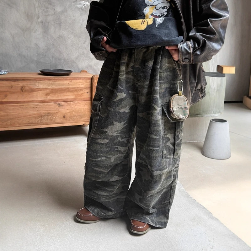 

2025 Children's Autumn New Style American Retro Design Camouflage workwear Multi Pocket Straight Leg Pants