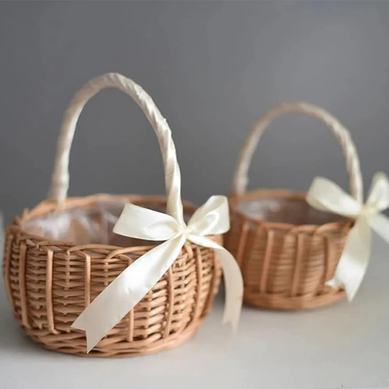 Wicker hand-woven flower child basket with handle and plastic plug-in Easter egg candy basket wedding flower child basket image 2