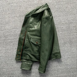 Cossack Green Fruit Collar First Layer Mixed Sheepskin Real Leather Clothes Men Amekaji Wear American Casual Real Leather Jacket