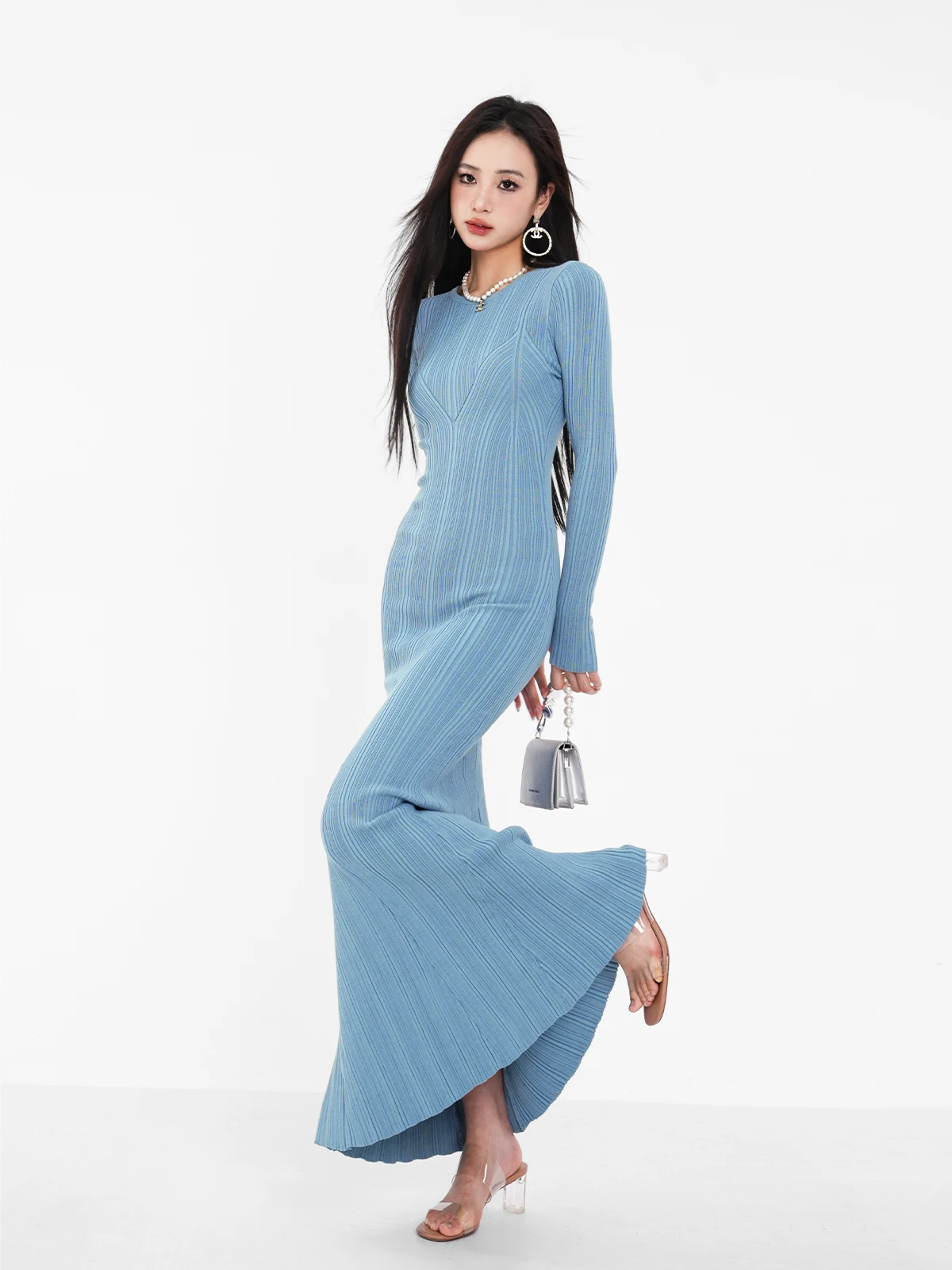 Women's Spring/Autumn European And American Style Round Neck Textured Knitted Dress Long Sleeved Slim Tight Fishtail Dress C922