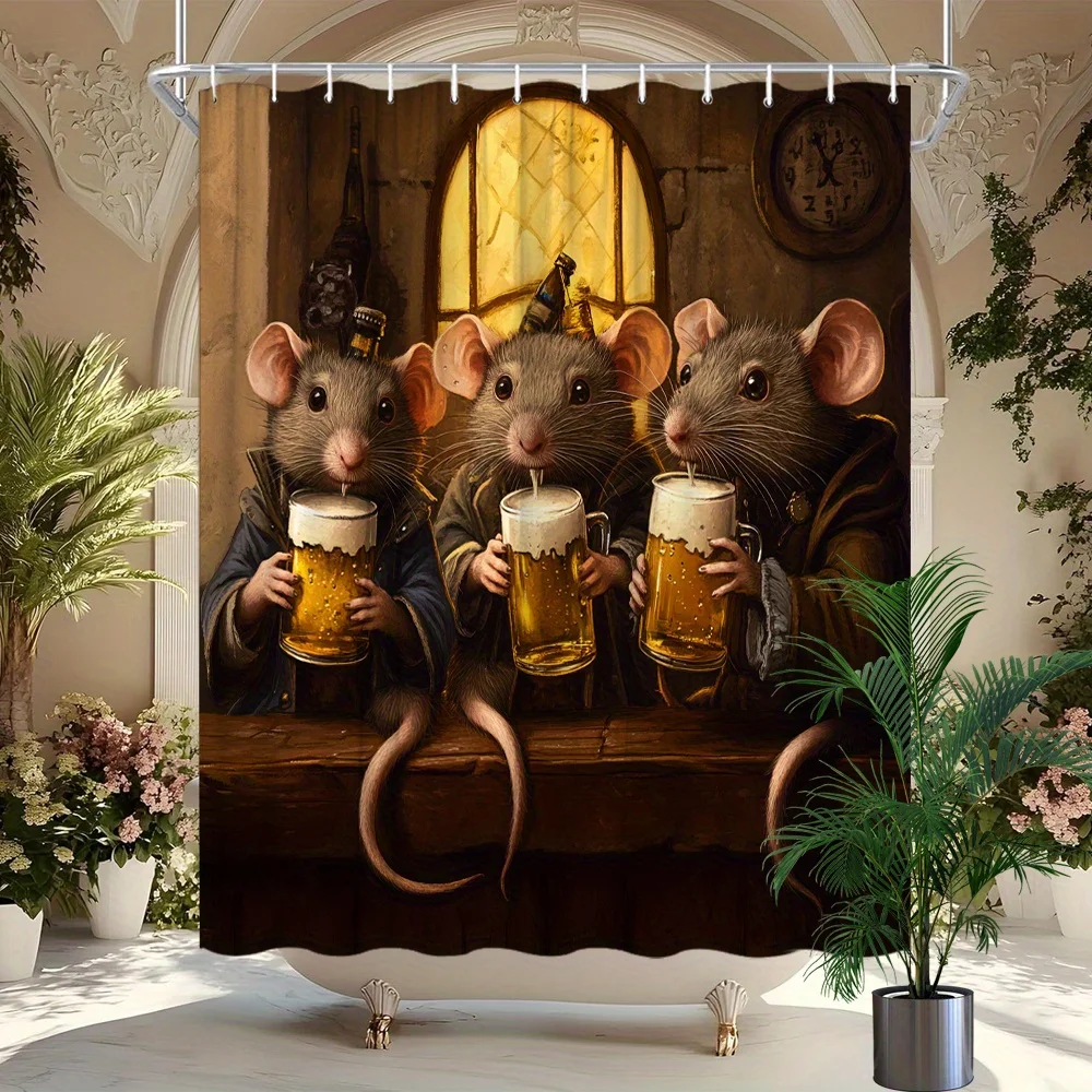 

Funny Mice Drinking Beer Shower Curtain, Cartoon Rodent Pub Scene, Humorous Animal Bathroom Decor, Waterproof Fabric