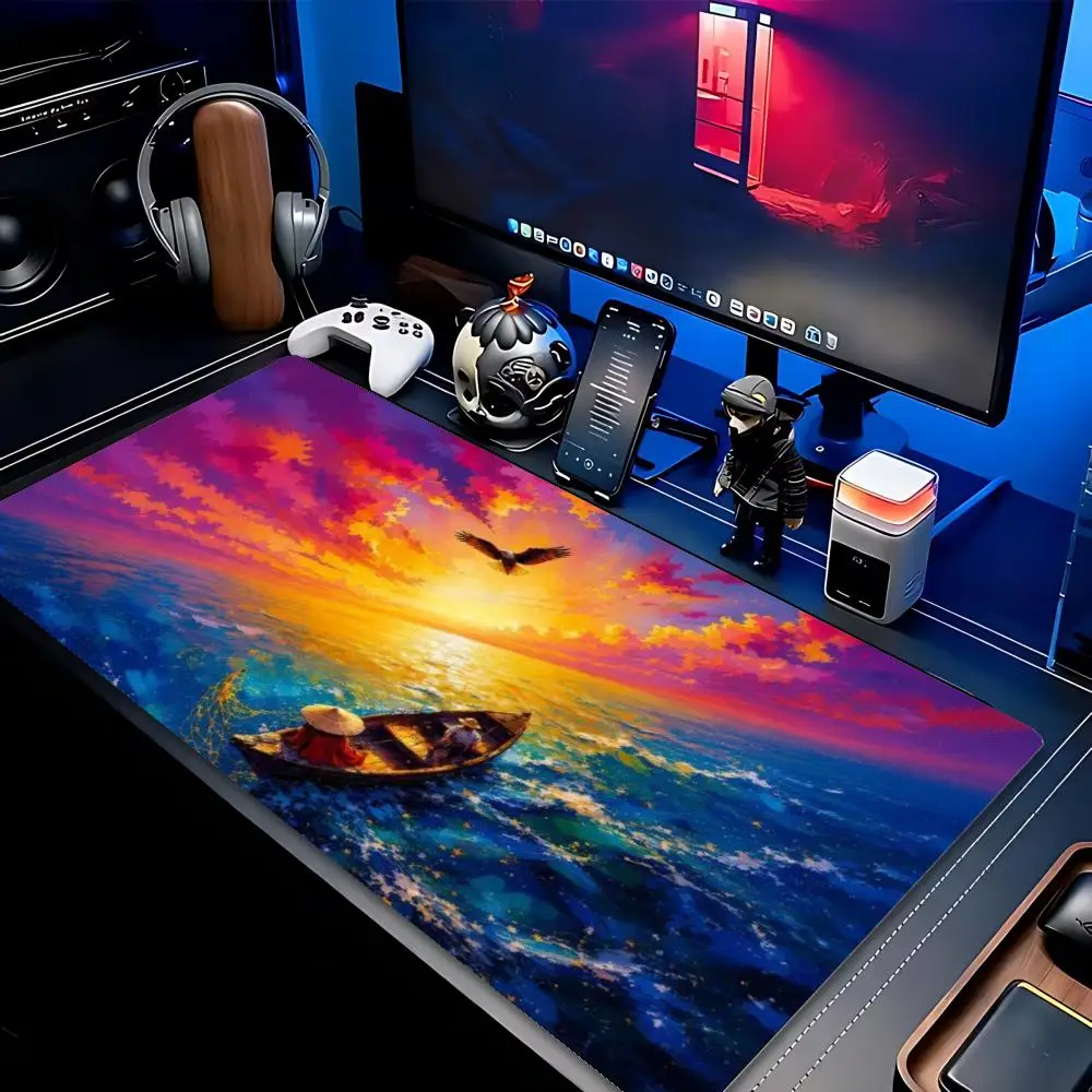 Large XXL Gaming Mouse Pad Ocean Sailboat Art Deskmat Non‑Slip Rubber Keyboard Mats Sea Sunset Fisherman Bottle Ship Mousepads