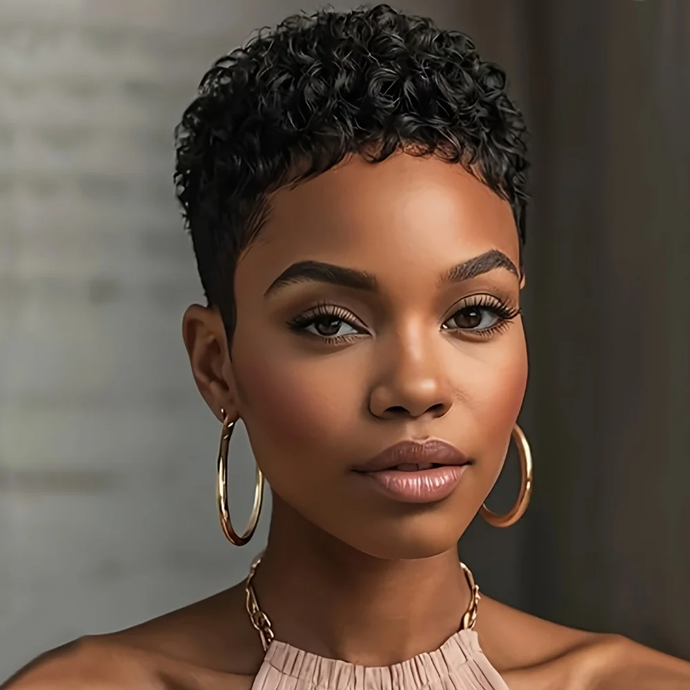 short afro curly human hair wig 150% density remy hair machine made pixie cut short curly human hair wig 4inch black color image 2
