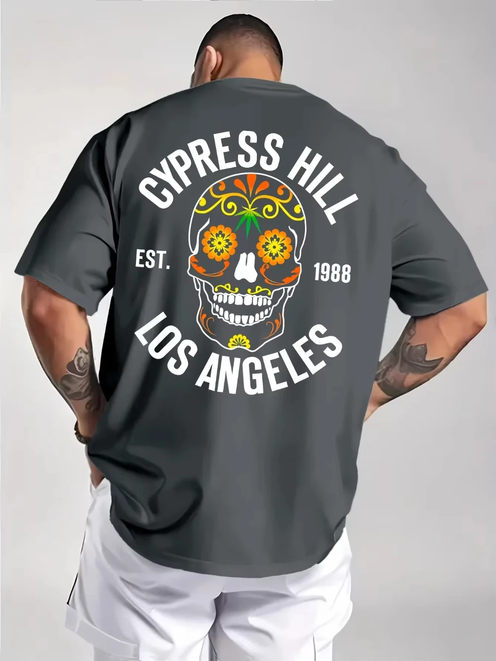 2026 Sugar Skull Floral Graphic T Shirt, Day of the Dead Back Print Short Sleeve Tops for Kids Adults Cream Color