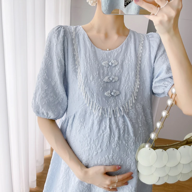 Summer Maternity Lace Dress Sweet Short Sleeve O-Neck Beaded Tassel Patchwork Pregnant Woman A-Line Dress Elegant Princess Dress