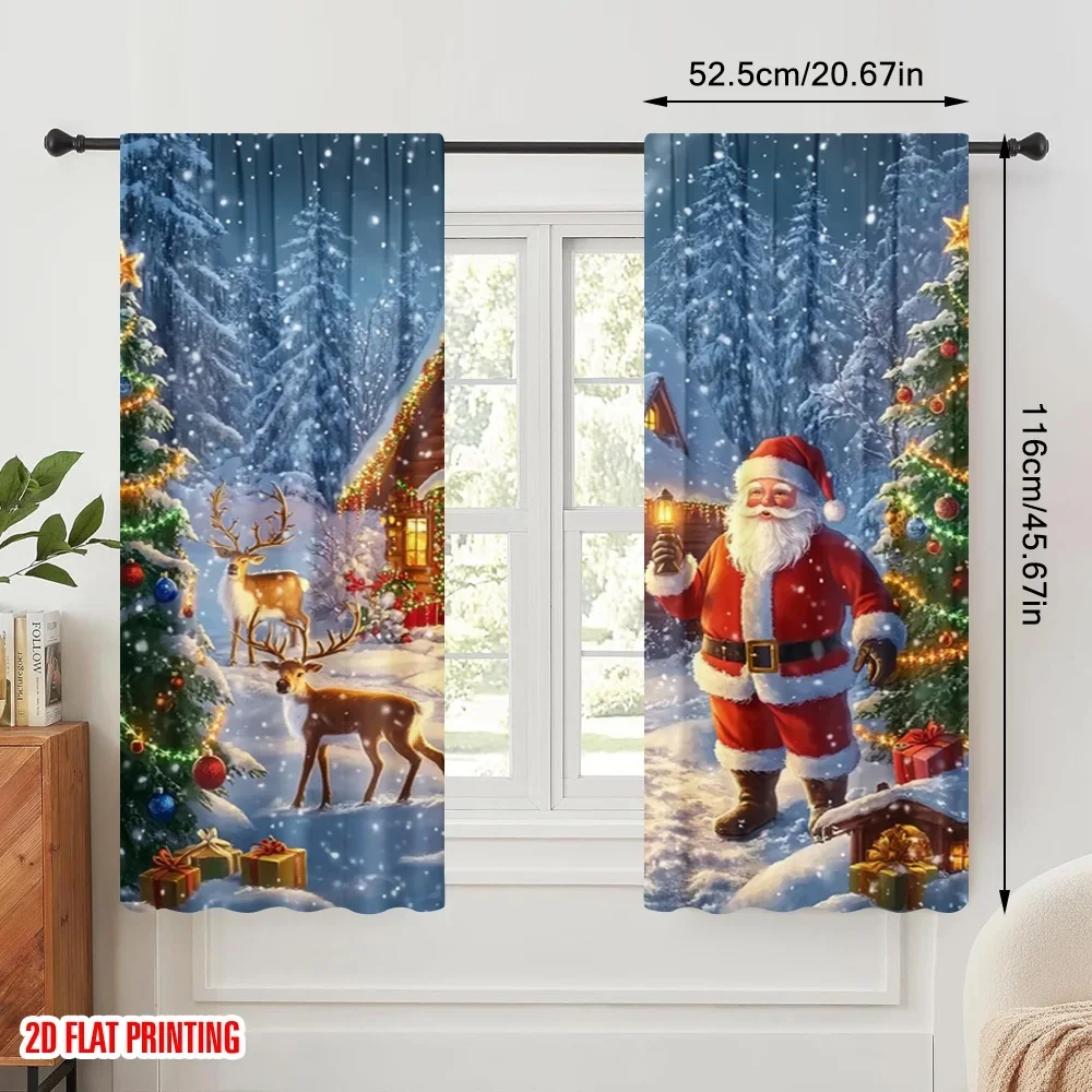2pcs,2D plane printing Print Curtains Santa Claus With Reindeer Christmas Polyester Easy Install (without rod) Outdoor
