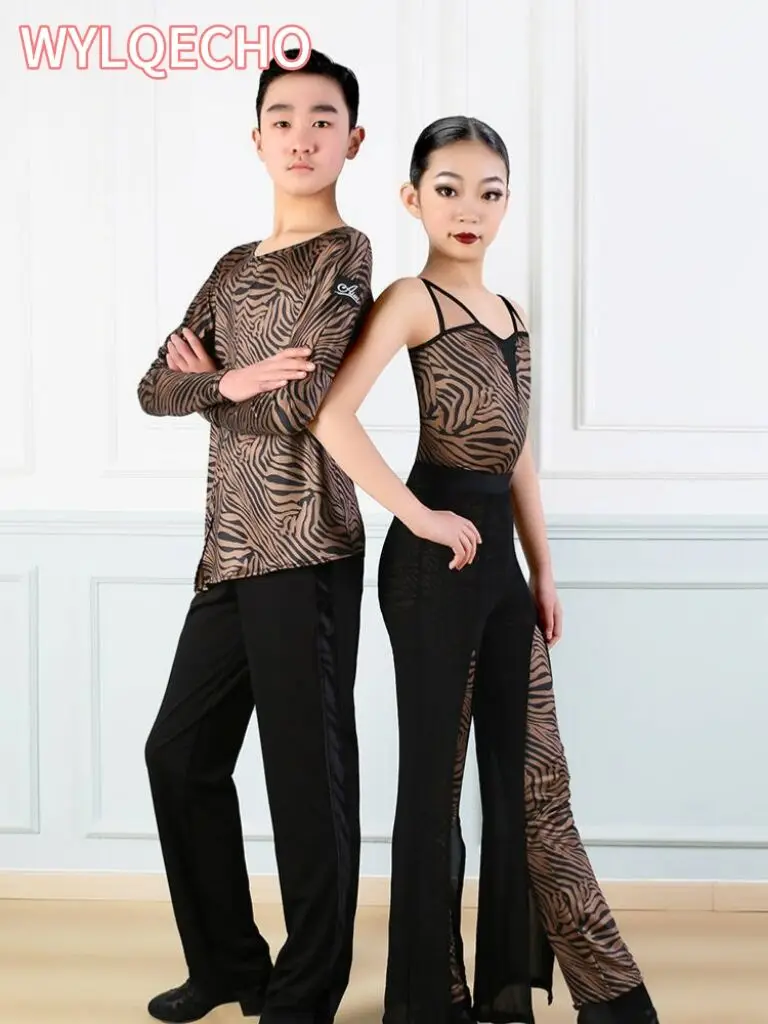 Girls Leopard Latin Dance Dress One-Sleeves Performance Costume Cha Cha Samba Dance Practice Clothing Kids Latin Dress