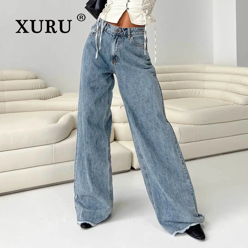 

XURU — новые женские повседневные свободные белые джинсы, одежда Y2k, длинные женские джинсы, синие джинсы
