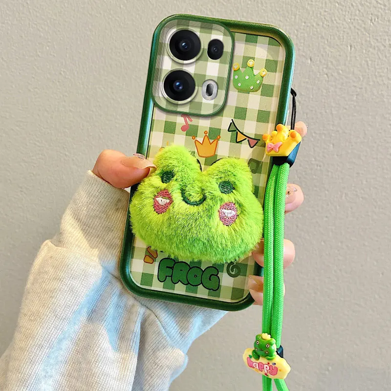 כיסוי טלפון נייד עם דמות צפרדע חמודה עבור OPPO Reno 13 Pro 13pro, צמיד קרטון מפולש עם רצועת חבל