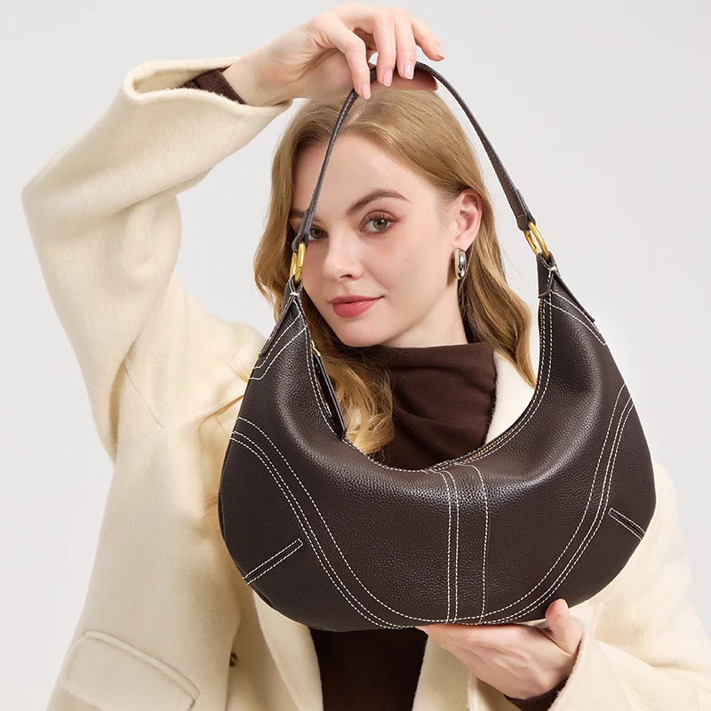 

Women Cow Genuine Leather Shoulder Underarm Bags Female Soft Cowhide Durable Casual Handbags Ladies Retro Fashion Crossbody Bag