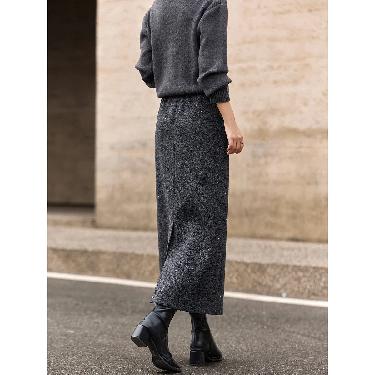 VIMLY Simple Skirt for Women 2026 Spring Fall Grey Fine Glitter Casual Elastic Waist A-Line Midi Skirt Female Clothes A3509
