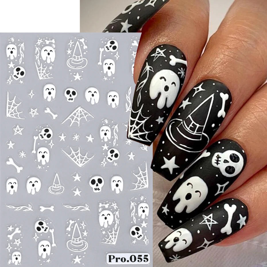 5D Halloween Nail Art Stickers Cute Cartoon Embossed Pumpkin Ghost Design Adhesive Nail Sliders Decals DIY Manicure Decoration