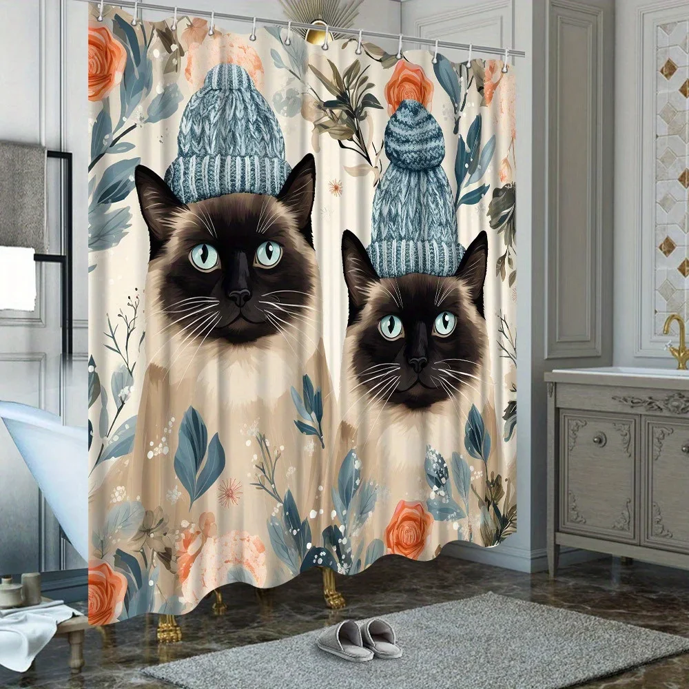 

Занавеска для душа «Причудливые сиамские кошки» — вязаные шапочки и цветочный дизайн, полиэстер, устойчивый к выцветанию,", можно стирать в машине