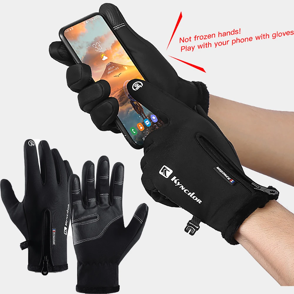 Autumn Winter Outdoor Sports Plush Insulation Touchscreen Skiing Cycling Cold Resistance Bicycle Motorbike Gloves Men Black
