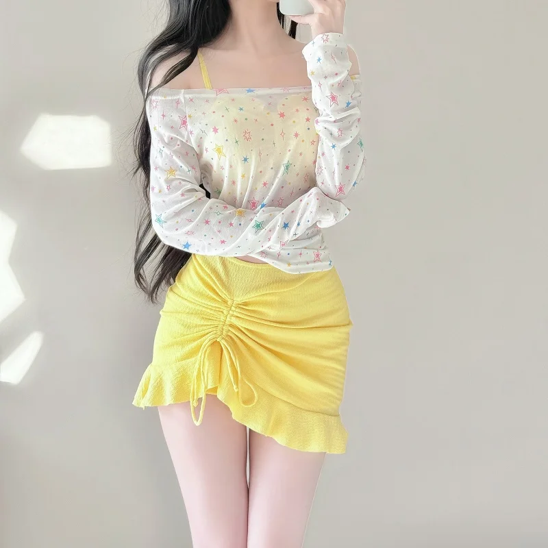 

Женский элитный комплект бикини из трех предметов: купальник с длинным рукавом, утягивающая юбка-накидка для термальных источников и плавания