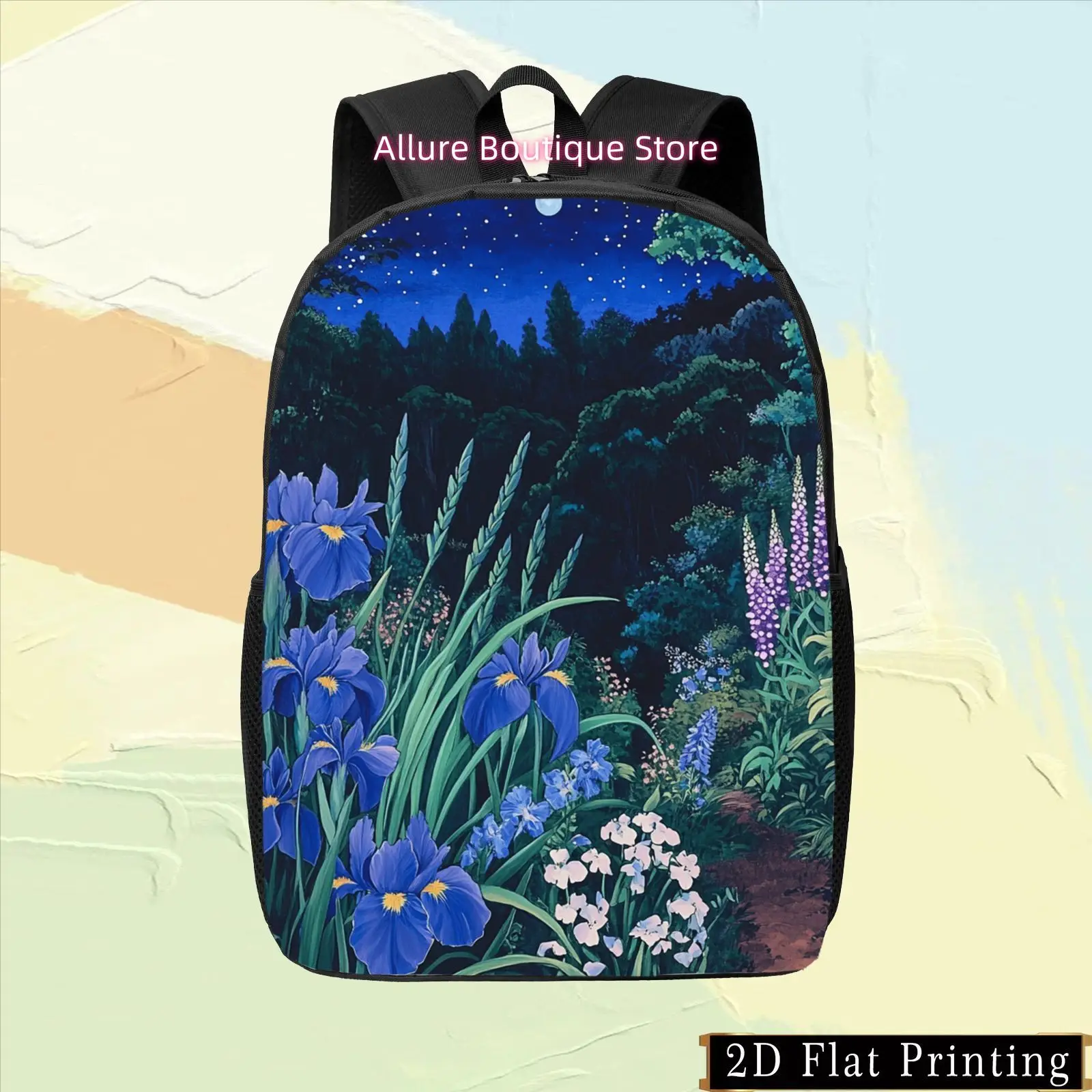 1pc Colorful Single-Sided Printed Student Backpack, Night Sky Floral Pattern Shoulder Bag with Unique Hand-Wash Zipper Design an