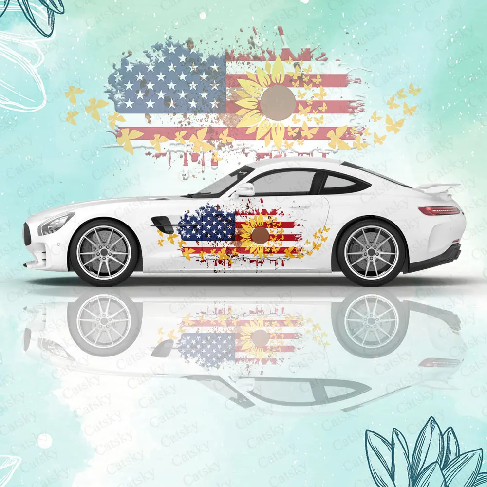 

Золотой подсолнух, флаг США, боковая наклейка для автомобиля, водонепроницаемая, устойчивая к царапинам наклейка из ПВХ, защита автомобиля, автоаксессуары в подарок