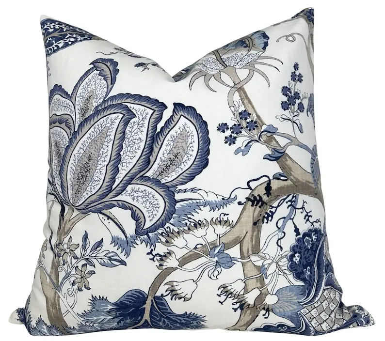 

Kalamkari Floral Pillow Cover in Blue, Designer Pillow Cover, Decorative Pillows Case,Indigo Blue Jacobean Large Floral Branch Decor Throw Pillow Cover