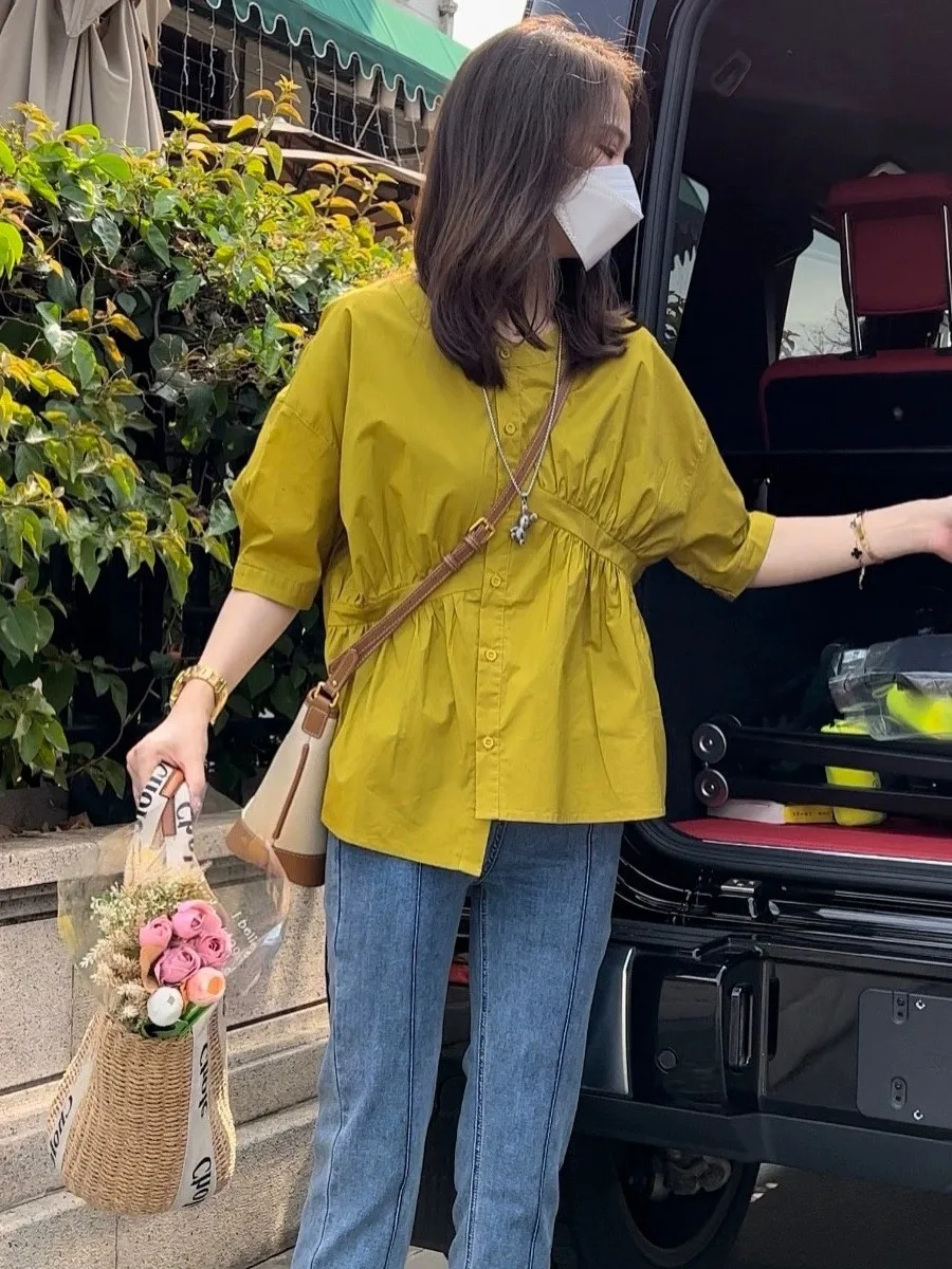 

plus Size Design Sensation Shirt Women Summer Thin Loose Slimming Short Sleeve Top Korean Style round Neck Bubble Sleeve Blouse