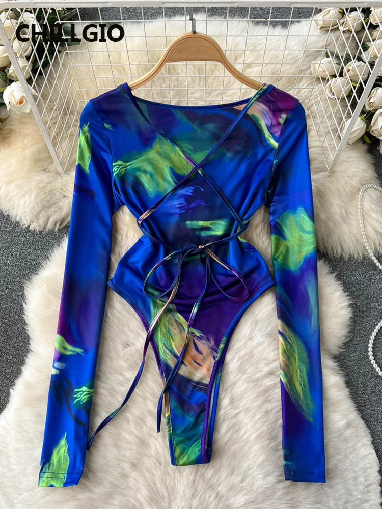 CHILLGIO Women Sexy Print Rompers Vintage Fashion Streetwear Long Sleeves Cut Out Hollow Catsuit One Piece Combination Bodysuits