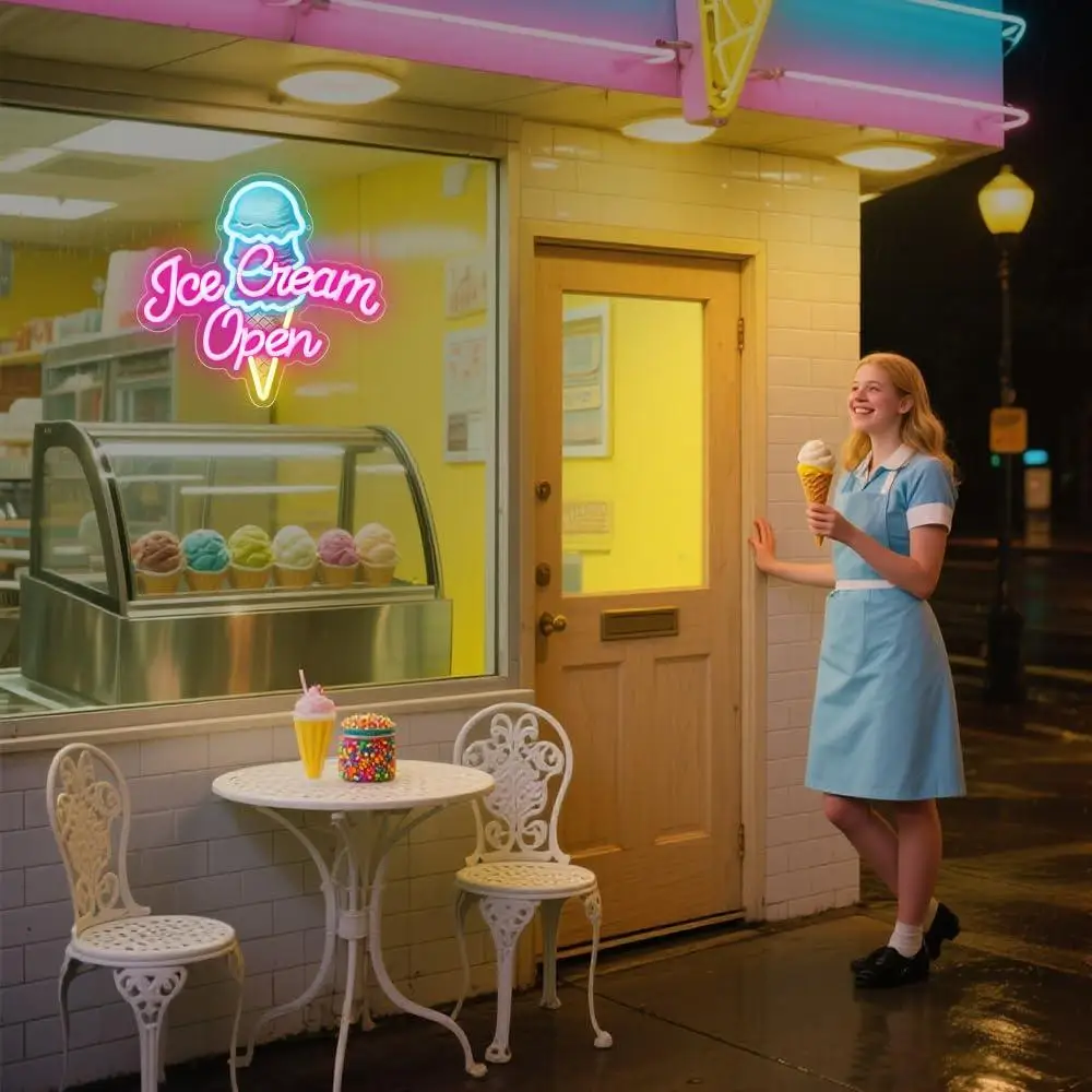 Ice Cream Open Neon Sign USB Dimmable Neon Lights for Ice Cream Shop Cafe Bar Party Business Window Wall Decor Birthday Gifts
