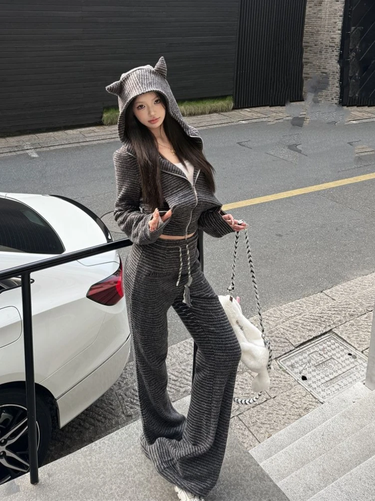 Conjuntos de pantalones ajustados Y2k de moda coreana para mujer, cárdigan con capucha de manga larga + Pantalones de cintura alta, traje informal elástico a rayas para otoño