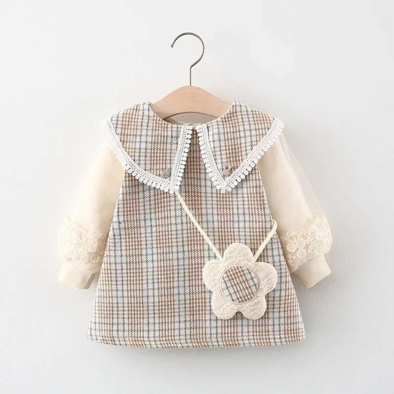 2 Pcs Spring and Autumn New Girl Baby Long Sleeve Dress Sweet plaid Large Collar Princess Dress Comes with Flower Pack