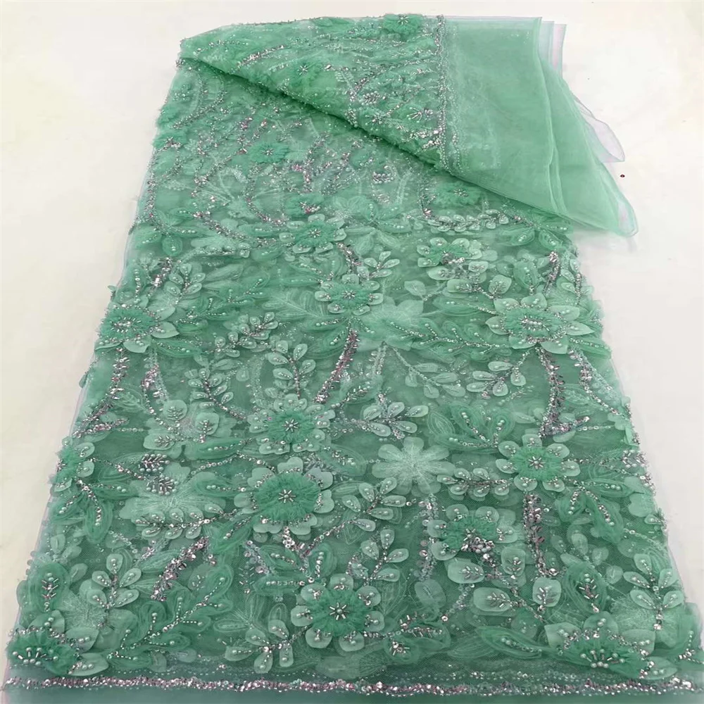 2024 5 yarde francese 3D fiore maglia Tulle tessuto di pizzo con perline paillettes africane Applique tessuto nigeriano per la festa nuziale di nozze