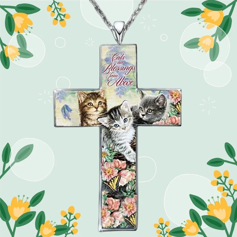 Cartoon Painted Cat Cross Pendant Necklace For Women Lady Animated Cute Stainless Steel Animal Necklace Casual Jewelry Accessory