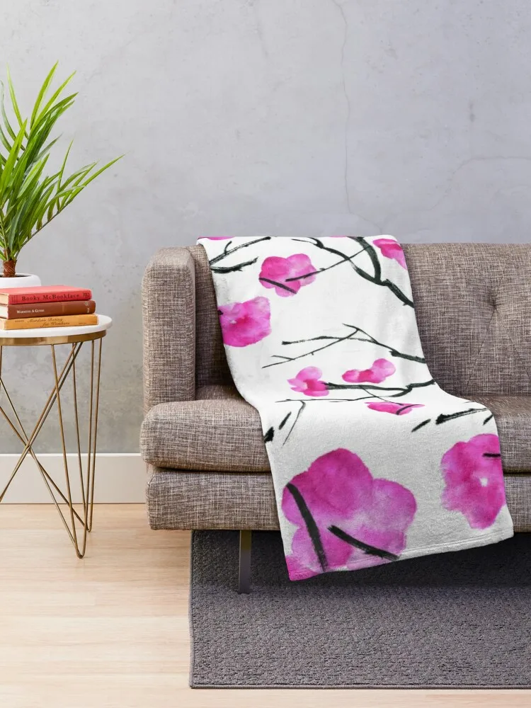 Cherry blossom Hanami ink Pattern Fuchsia Throw Blanket Picnic for babies Softest Blankets