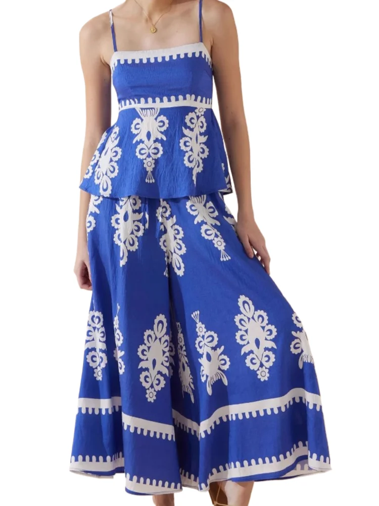 

Summer Printed Bohemian 2 Piece Set Women Style Fashion Sexy Slim Backless Camisole Top And High Waist Wide Leg Pants Two Sets