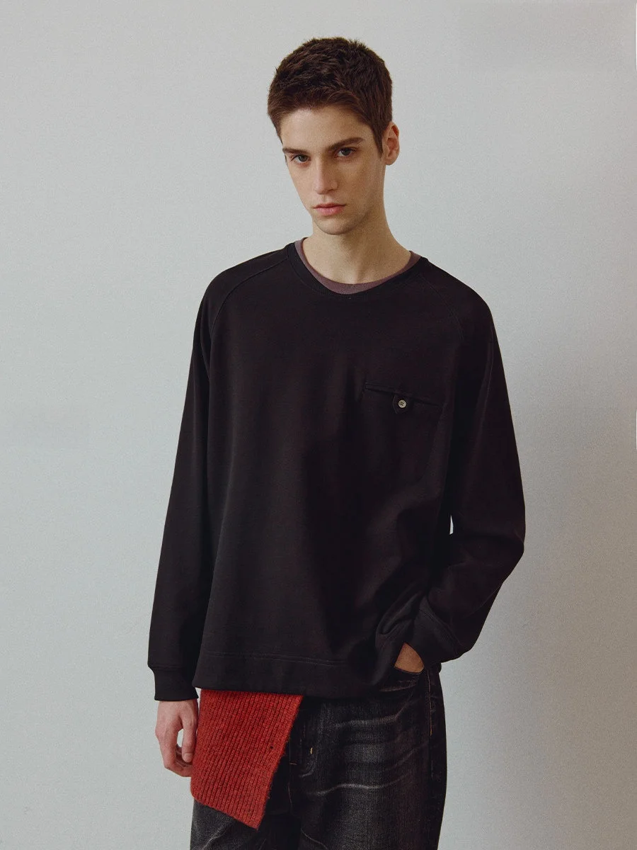 High-End 714street BEHALF Mixed Fiber Cotton Silk Wave Pattern Collar  Button Arc Hem Pocket Long Sleeve Men's T-Shirt