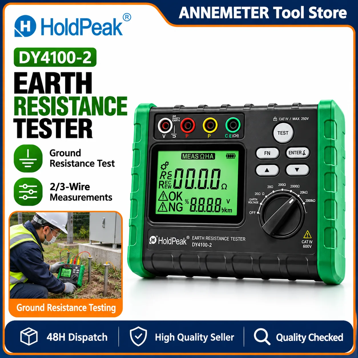 Earth Resistance Tester Digital Grounding Meter 0.03-2000Ω, Backlight LCD Data Hold Soil Resistivity for Solar PV Communication