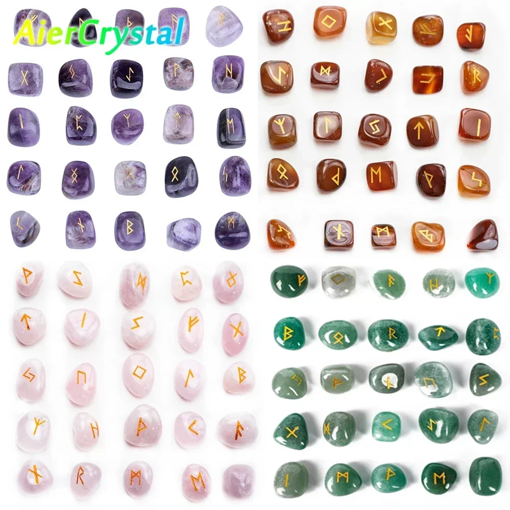 Juego de piedras rúnicas de cristal Natural, 25 uds., letra runa nórdica, gema de amatista, ágata Irregular, Chakras, piedra curativa, decoración del hogar