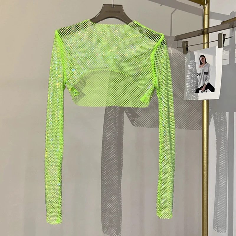 Damen Glänzendes Strass-Netz-Crop-Top Buntes Kristall-Fischnetz Durchsichtige Bluse Sexy Clubwear Halloween Festival Party Cover-Up – Detail 12