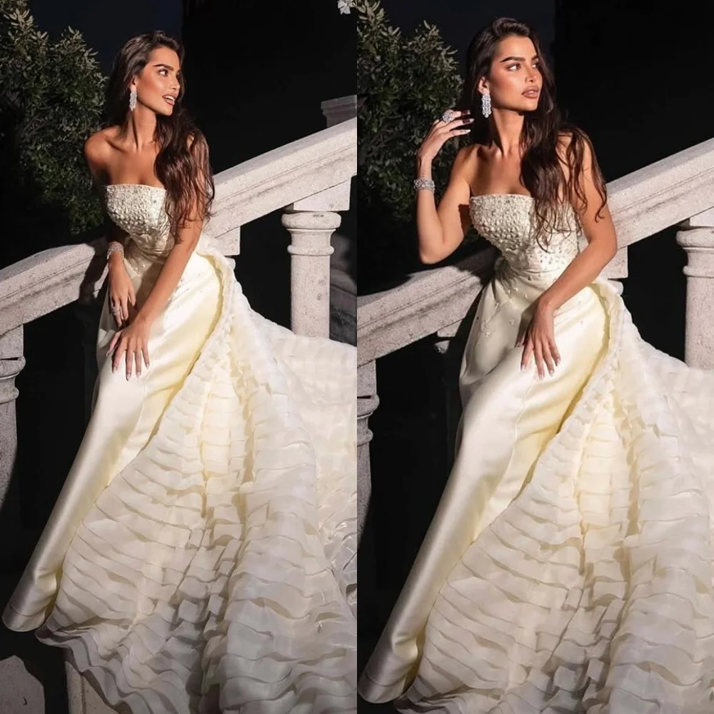 

Customized Classic White Satin Evening Dress Modern Strapless Sleeveless Homecoming Dress Exquisite Special Occasion Gowns