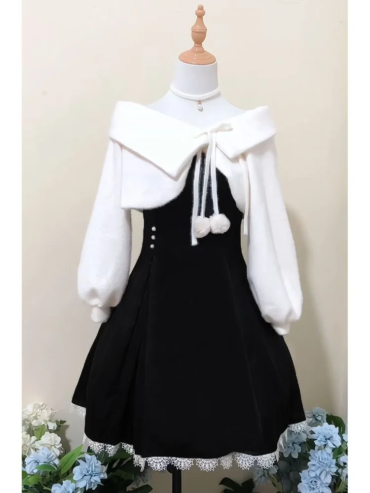 

Winter Korean Fashion Women's Two Pieces Set French Elegant Y2k Casual Slimming Warm Lolita Design Sweet Lady Set Woman Clothes