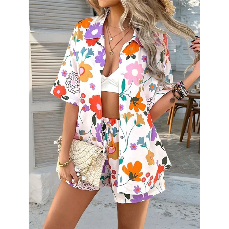 AG-Women's Soft Summer Floral Tropical Print V الرقبة المحملة قصيرة الأكمام زر أعلى السراويل 2 قطعة مجموعات