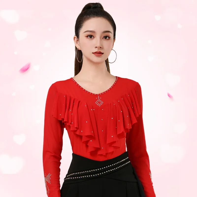 Ropa de baile latino para mujer, Top con volantes, Tops de salón estándar con diamantes de imitación de Samba, traje de baile de línea latina de alta calidad, nuevos productos