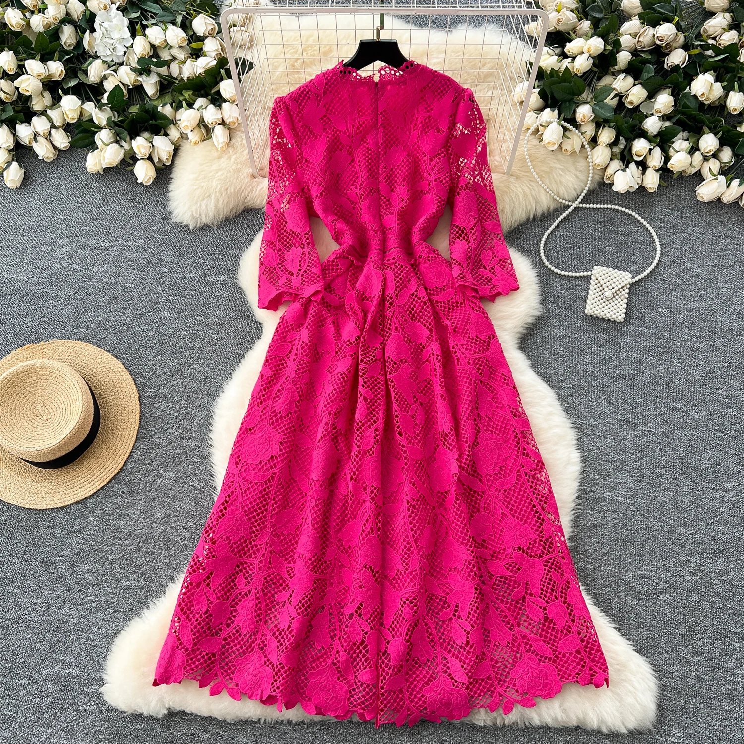 Elegant O-neck Vintage Long Sleeve Chic Hook Flower Hollow Slim Lace Dresses French Fashion Evening High Street Autumn Clothing