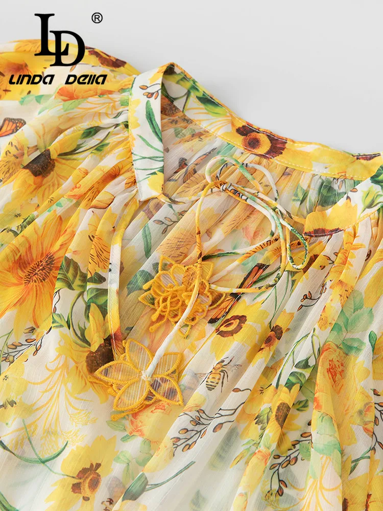 Imagem -02 - Linda Della 2024 Outono Conjuntos de Saias Casuais Feminino com Decote em v Amarelo Impressão Chiffon Topo Mais Cintura Elástica Saias Drapeadas Peças Conjunto ld