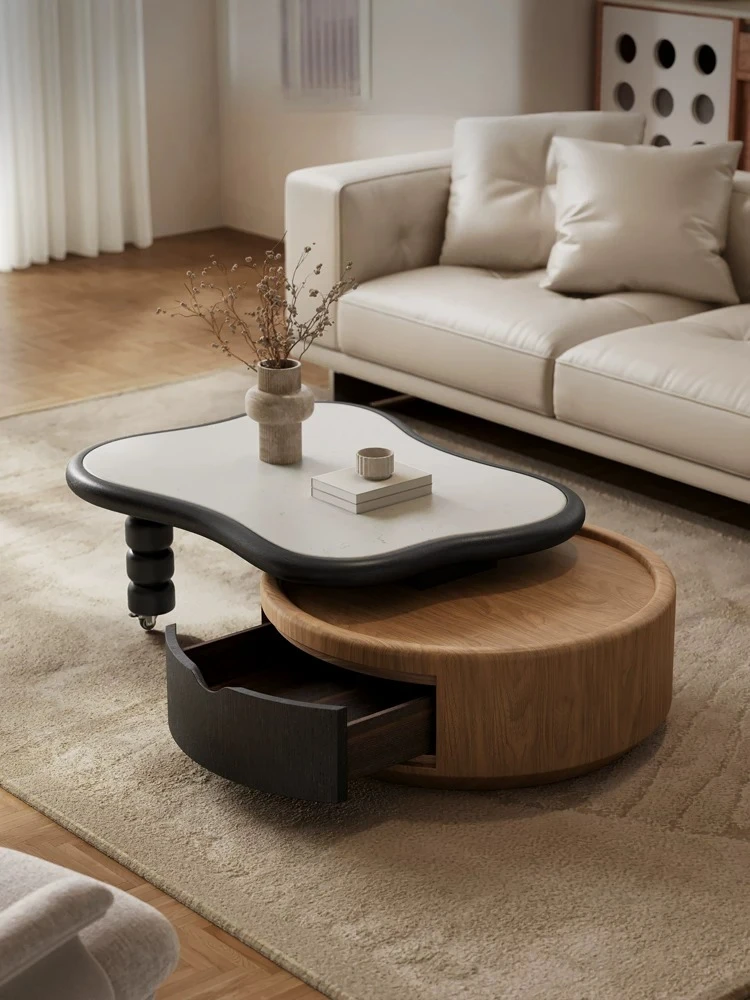 Italian minimalist retractable rock slab coffee table, designer's creative walnut veneer, living room home use