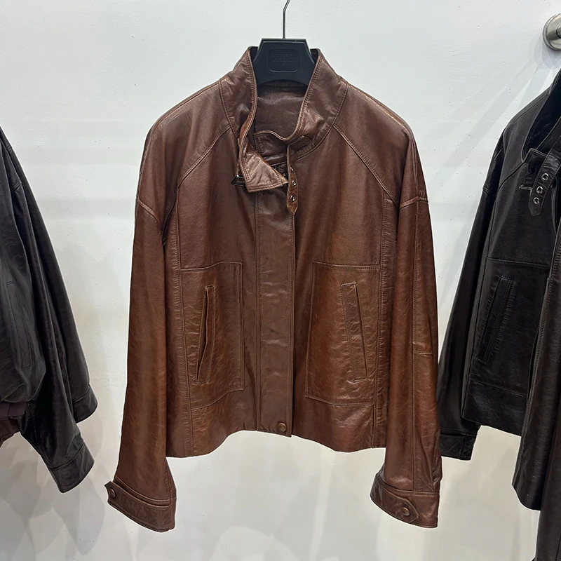 New Arrival Women Loose Genuine Sheepskin Leather Jacket Coat Autumn Oversize Black Real Leather Jacket